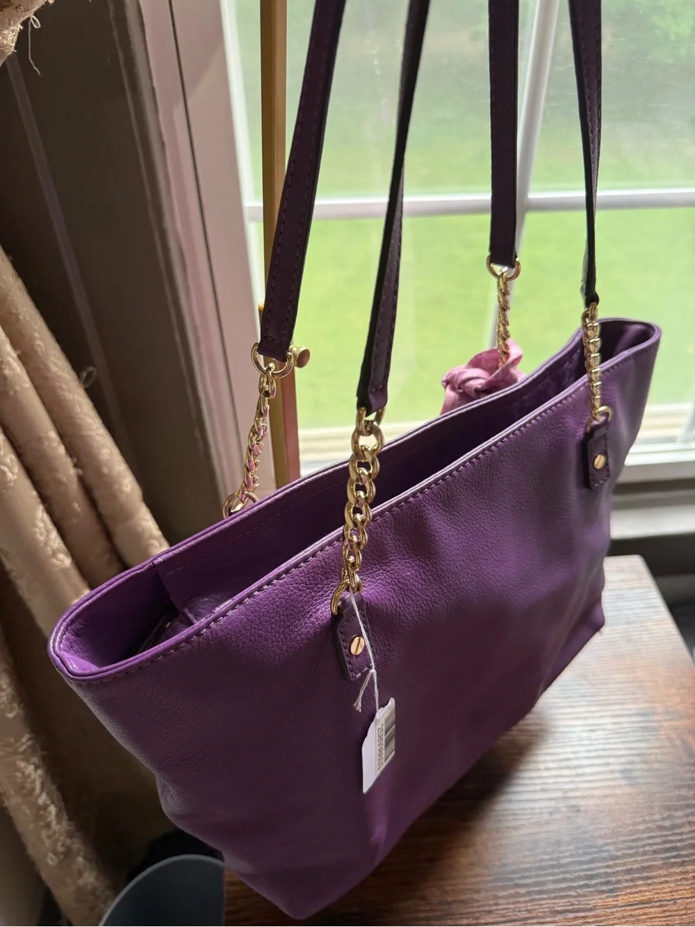 Michael Kors Purple Leather Tote Bag with Pink Scarf Accent - Picture 6 of 9